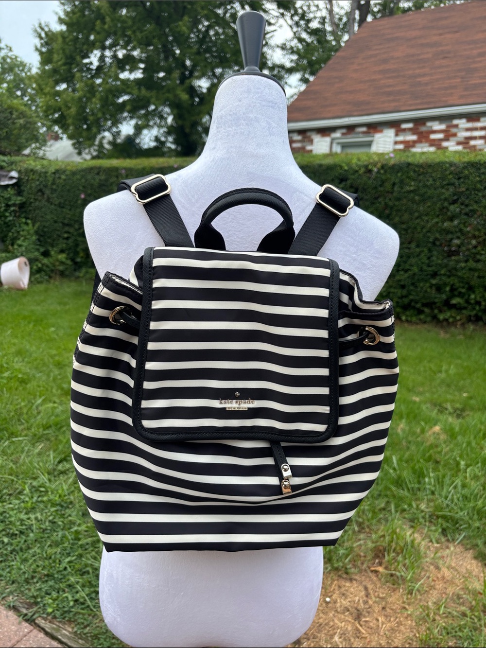 kate spade Black and White Striped Nylon Drawstring Backpack